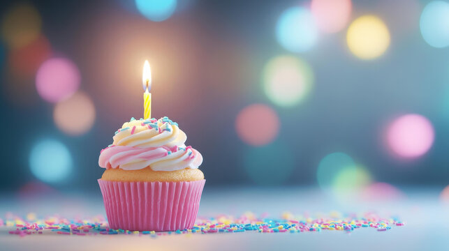 Celebrate with a vibrant cupcake topped with a glowing candle, surrounded by a sprinkle of birthday joy at night - Powered by Adobe