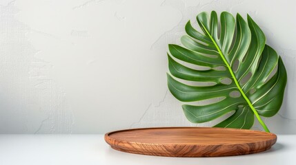 Elegant wood podium paired with fresh leaves for showcasing beauty products or recipe ingredients. Perfect for presentations.