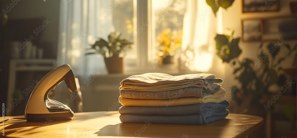 Poster Iron and folded clothes on a wooden table in a room with sun shining through a window.
