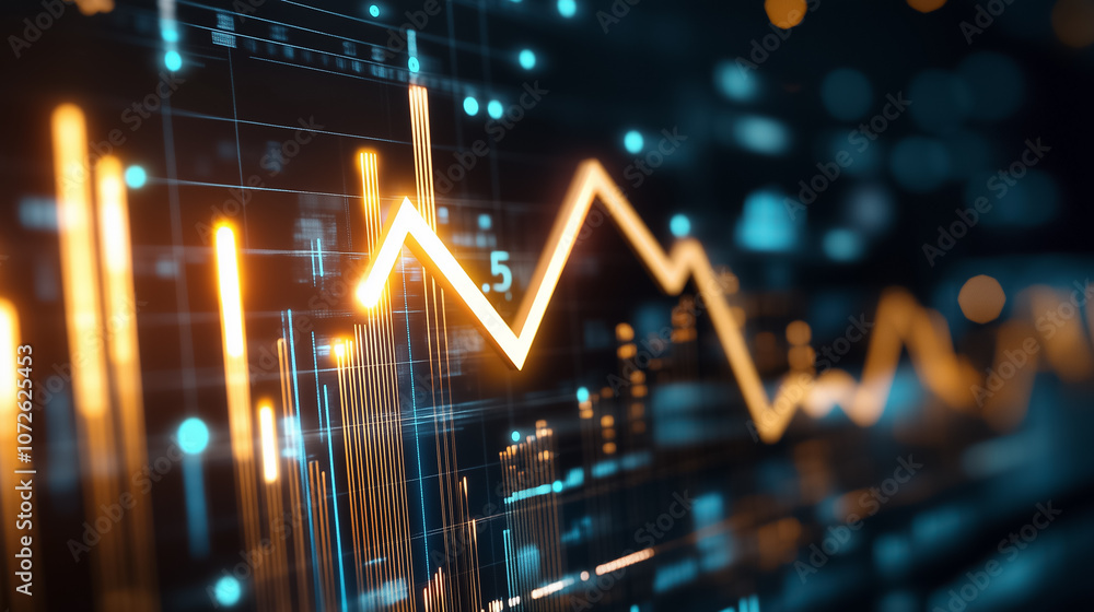 Poster a bright upward arrow intersects chaotic bar graphs, illustrating fluctuating data trends in the rea