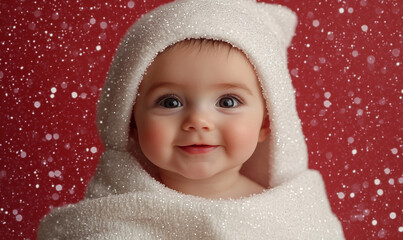 Holiday-Themed Image of a Baby Under a Towel with Glittering Red Background - Ideal for Festive, Family, and Christmas Campaigns.