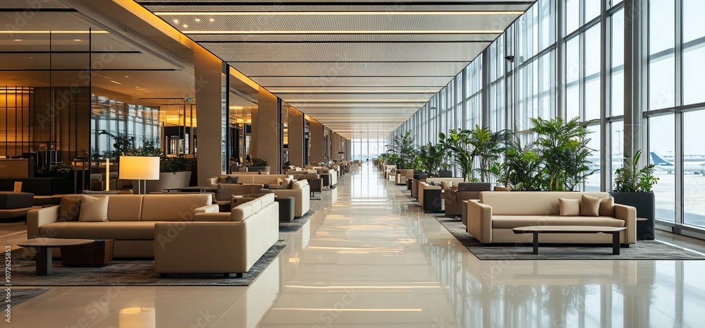 Poster modern airport lounge with comfortable seating and large windows overlooking the runway.