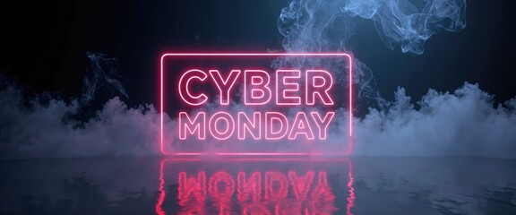 Cyber Monday digital text with colorful neon light effects on dark futuristic background. Holiday sale concept for technology, retail, and e-commerce promotions. Design for banner, poster, header.