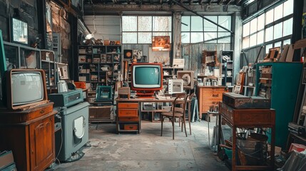 Vintage electronics collection in a rustic antique shop
