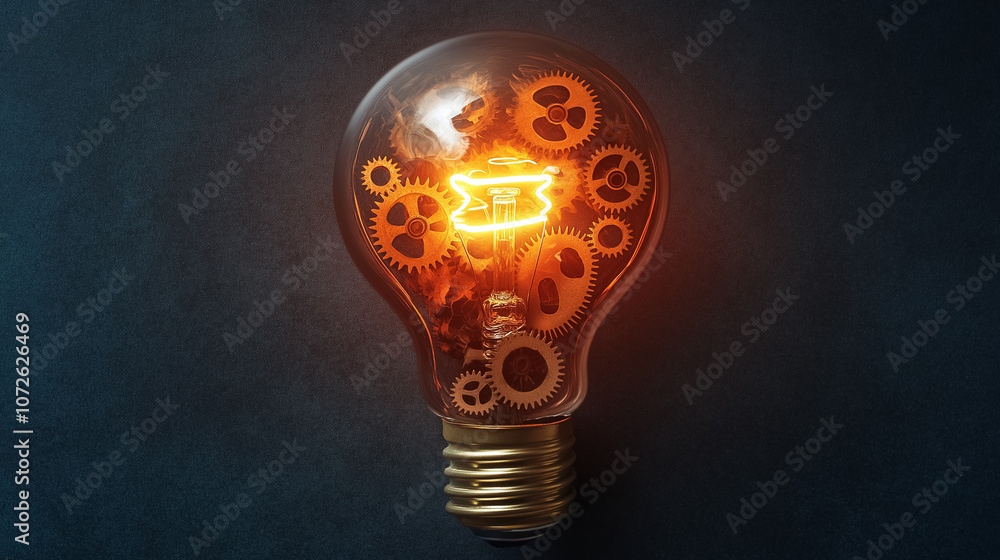 Poster bright gears glow in a bulb, symbolizing the fusion of innovation and creativity from artificial int