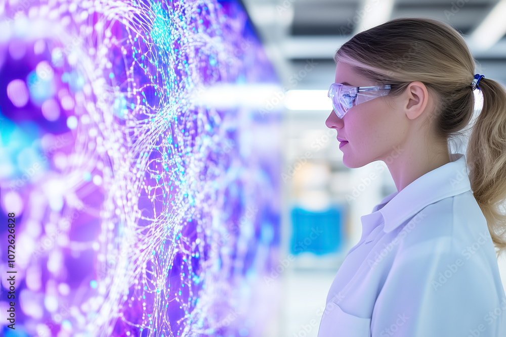 Poster a researcher observes colorful data visualizations on a high-tech display in a laboratory setting