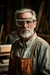 Obraz premium Erfahrener Handwerker Porträt Werkstatt Schutzbrille ernster Blick Arbeitskleidung authentisch Werkstattumgebung industrielles Setting reife Ausstrahlung Konzentration Holzarbeit Handwerkskunst Detail