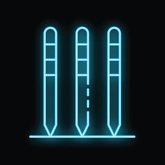 Blue neon icon of a cricket wicket glowing on a black background