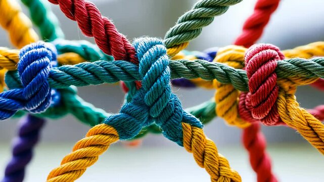 Colorful ropes are tied together in a complex knot