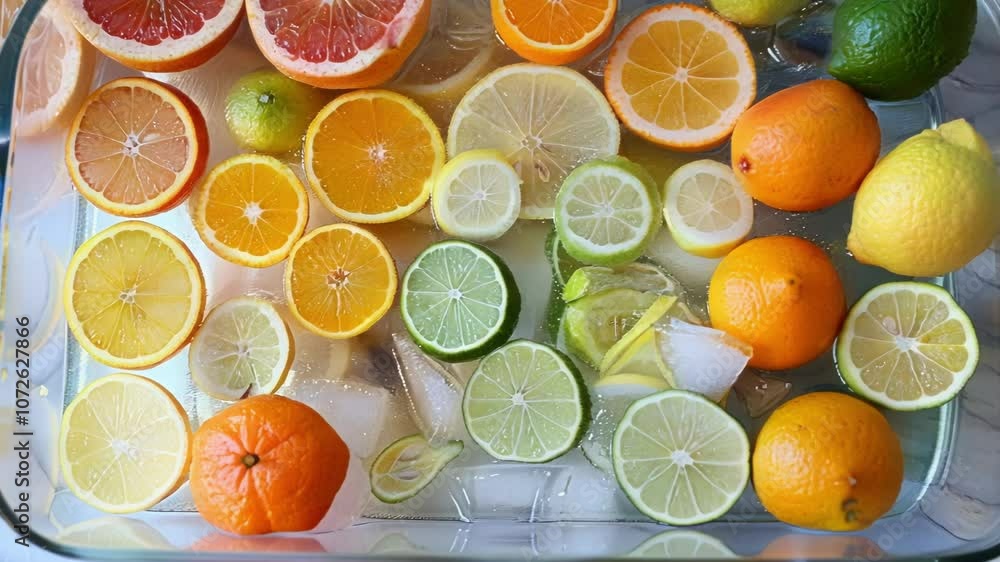 Poster slices of citrus fruit and ice cubes are shown floating in a glass container, creating a refreshing 