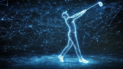 Explore the futuristic design of an abstract geometric golfer with glowing blue lines swinging a club in a dynamic digital landscape