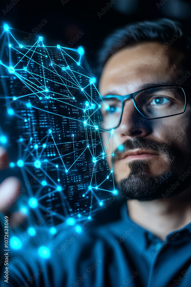 Poster the man focuses intently on glowing data patterns while navigating complex digital connections in a 