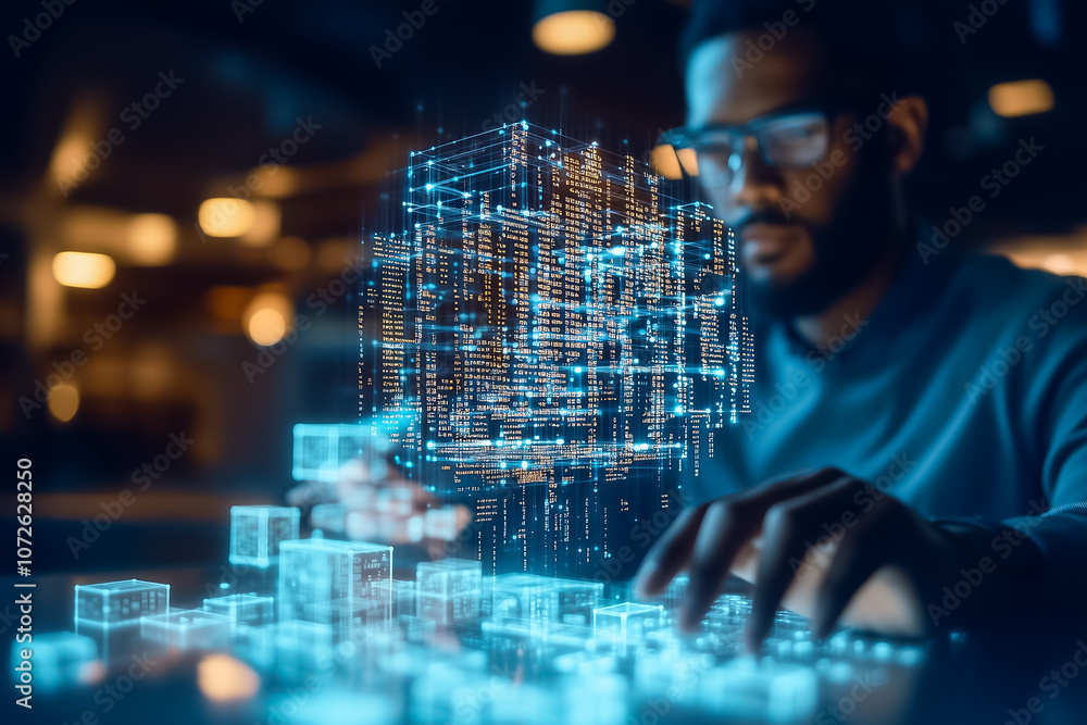 Aufkleber a person gesticulates to control a floating holographic display of data cubes in a dimly lit office