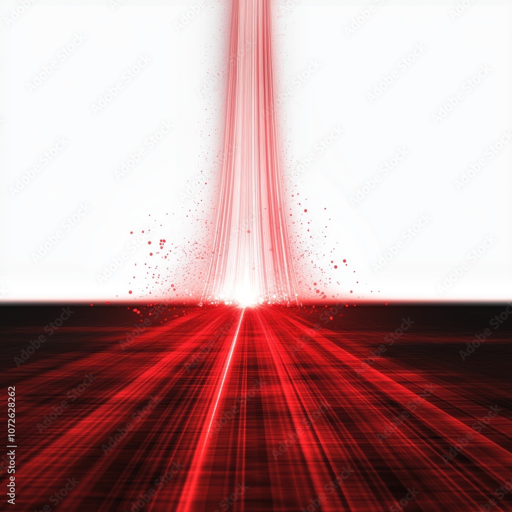 Poster red laser beam shoots down from top to surface. abstract tech background, glowing red. futuristic di