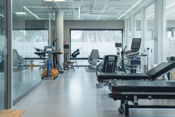 Interior of a ultra modern rehabilitation center with tech assisted tools