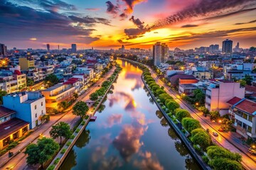 Naklejka premium Aerial Sunset View Over Nhieu Loc Canal Showcasing Houses in Ho Chi Minh City, Capturing the Vibrant Colors of Dusk and Urban Landscape Serenity