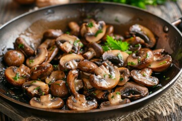 Fototapeta premium Sauted mushrooms in non stick frying pan
