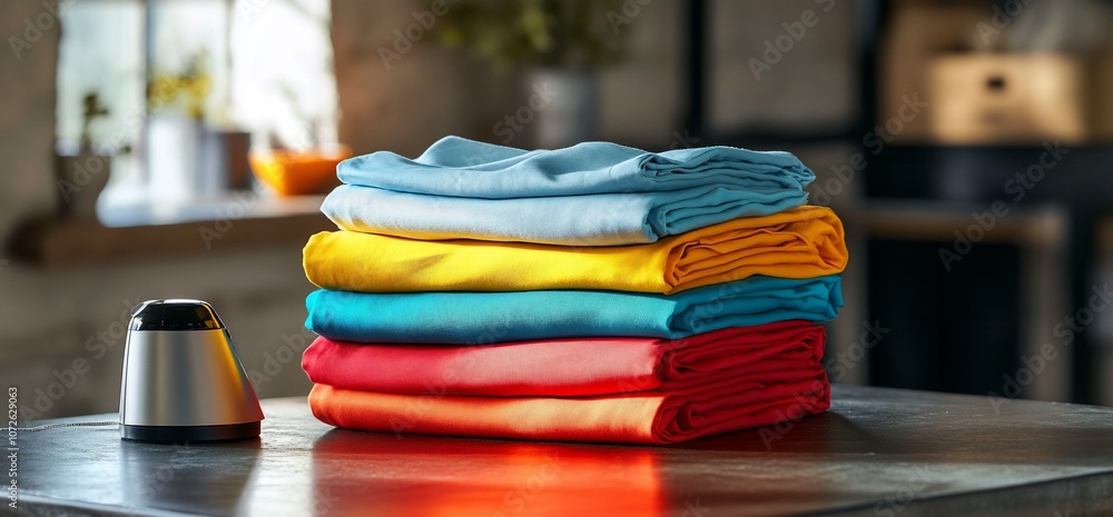 Poster Stack of colorful folded t-shirts on a table with a small electronic device in the foreground.