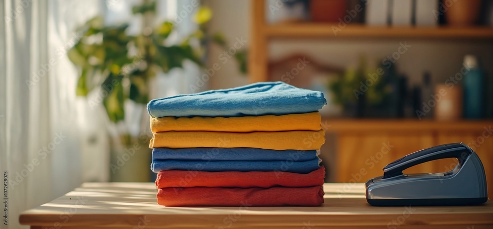 Aufkleber stack of folded clothes on a wooden table with a steamer next to them.
