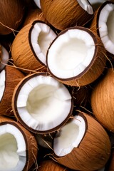 Close-up of fresh coconuts, some split open to reveal the white flesh.