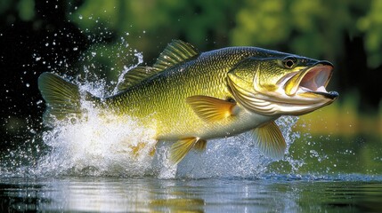Fototapeta premium A large fish is leaping out of the water, creating a splash. Concept of excitement and energy, as the fish is in motion and the water is disturbed by its movement
