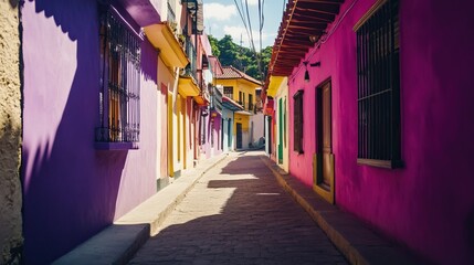 Obraz premium Vibrant colorful alley in historic colonial town, bright buildings with blue sky, travel agency destination, advertising of travel agencies concept