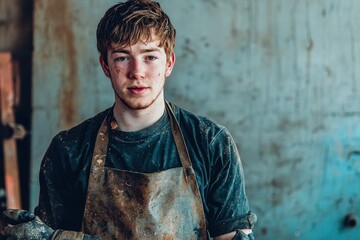 Handwerker Porträt Industriekulisse Sonneneinstrahlung Schutzhelm Sicherheitsbrille konzentrierter Blick Arbeitskleidung moderner Arbeiter Baustelle Werkhalle professionelles Auftreten Industrieambien