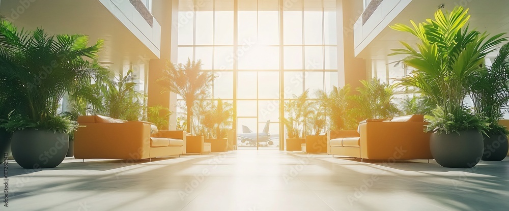 Aufkleber sunlit modern lobby with large windows and plants.