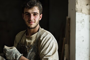 Obraz premium Handwerker Porträt Industriekulisse Sonneneinstrahlung Schutzhelm Sicherheitsbrille konzentrierter Blick Arbeitskleidung moderner Arbeiter Baustelle Werkhalle professionelles Auftreten Industrieambien