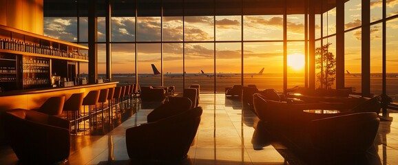 Sunset view from an airport lounge with bar and comfortable seating.