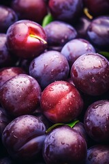 Fototapeta premium Close-up of fresh red and purple plums with water droplets.
