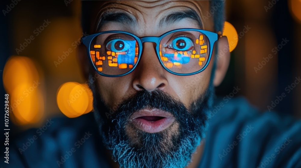 Poster a man with glasses is staring at the camera with a surprised expression. the glasses have a blue tin