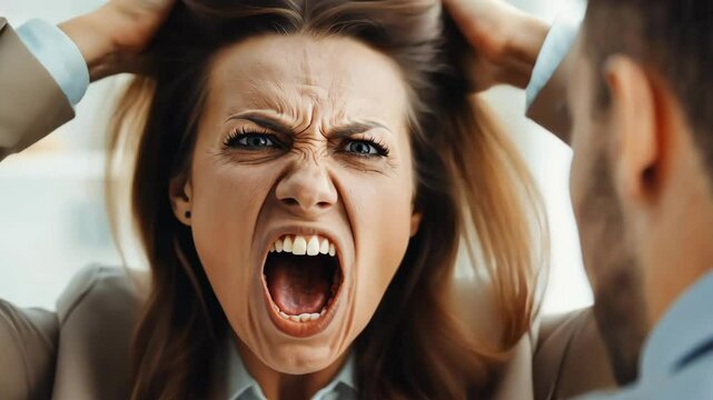 Tense office scene male businessman yelling at female colleague. Workplace conflict and abuse concept illustrated. Female employee looking distressed.