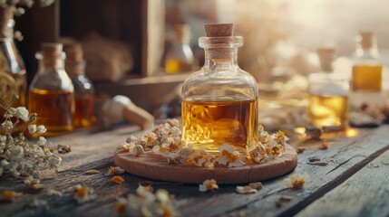 Glass bottle with essential oil on wooden table with flowers