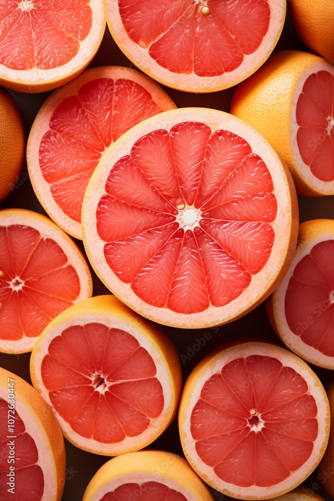 Poster close-up of sliced ruby red grapefruit, with visible segments and pink flesh.