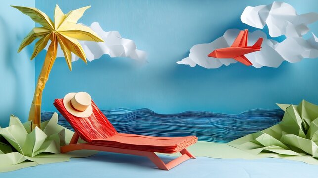 Vibrant origami beach scene with palm tree, lounge chair, plane, and sea for advertising travel agencies concept
