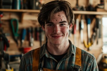 Fototapeta premium Junger Handwerker Porträt Holzarbeiter Werkstatt Nahaufnahme Handwerk Mann mit Bart Zimmermann Arbeit Kleidung rustikal männlich Werkzeuge Hintergrund Arbeitspause authentisch Schmutz Gesicht