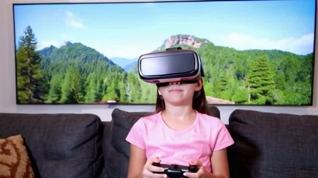 Menina usando &oacute;culos de realidade virtual.