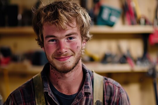 Junger Handwerker Portr&auml;t Holzarbeiter Werkstatt Nahaufnahme Handwerk Mann mit Bart Zimmermann Arbeit Kleidung rustikal m&auml;nnlich Werkzeuge Hintergrund Arbeitspause authentisch Schmutz Gesicht