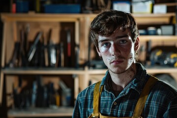 Fototapeta premium Junger Handwerker Porträt Holzarbeiter Werkstatt Nahaufnahme Handwerk Mann mit Bart Zimmermann Arbeit Kleidung rustikal männlich Werkzeuge Hintergrund Arbeitspause authentisch Schmutz Gesicht