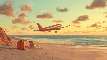 Airplane taking off over beach at sunset with luggage and chair on sand - advertising travel agencies concept