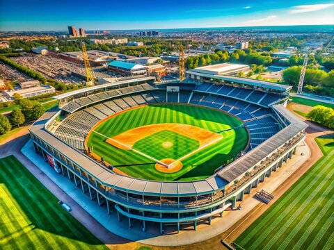 Aerial View of a Grand Baseball Stadium Playground, Showcasing the Expansive Sport Building and Surrounding Facilities, Ideal for 4K Video Backgrounds and Sports Promotions