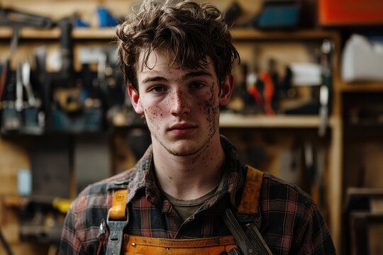 Junger Handwerker Portr&auml;t Holzarbeiter Werkstatt Nahaufnahme Handwerk Mann mit Bart Zimmermann Arbeit Kleidung rustikal m&auml;nnlich Werkzeuge Hintergrund Arbeitspause authentisch Schmutz Gesicht