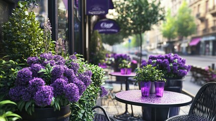 Charming urban café with lavender flowers and outdoor seating in a bustling city street - travel agency advertising concept
