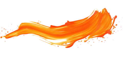 Orange brush stroke on isolated transparent background. Abstract paint texture. Abstract art design element. Artistic line with splatter, brush, acrylic paint. Trendy graphic design element. Cut out.