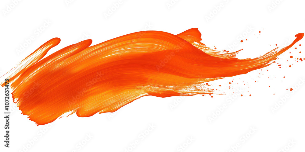 Poster Orange ink brush stroke with splashes on transparent background. Abstract art element for design, print, web. Creative brush strokes and texture, paint. Graphic for website, poster, banner, template.
