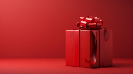 Fototapeta premium Red gift box with bow on matching red background