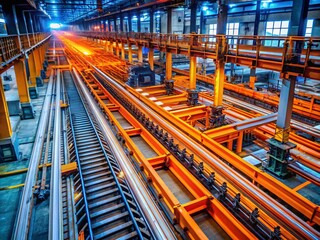 Fototapeta premium Aerial View of a Metal Rail System with Vibrant Orange Components in a Modern Factory Environment Showcasing Industrial Design and Machinery Efficiency