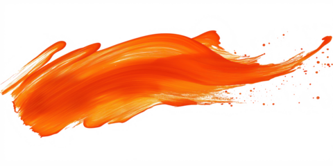 Orange ink brush stroke with splashes on transparent background. Abstract art element for design, print, web. Creative brush strokes and texture, paint. Graphic for website, poster, banner, template.