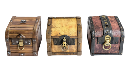 Various set of Vintage Wooden Locked Treasure Chest isolated on transparent background